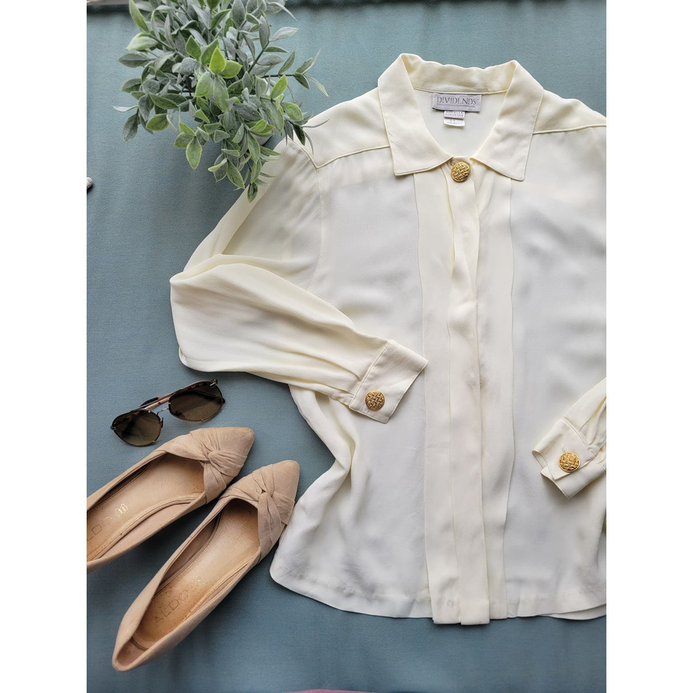 Vintage DIVIDENDS cream gold button long sleeve panel button front blouse